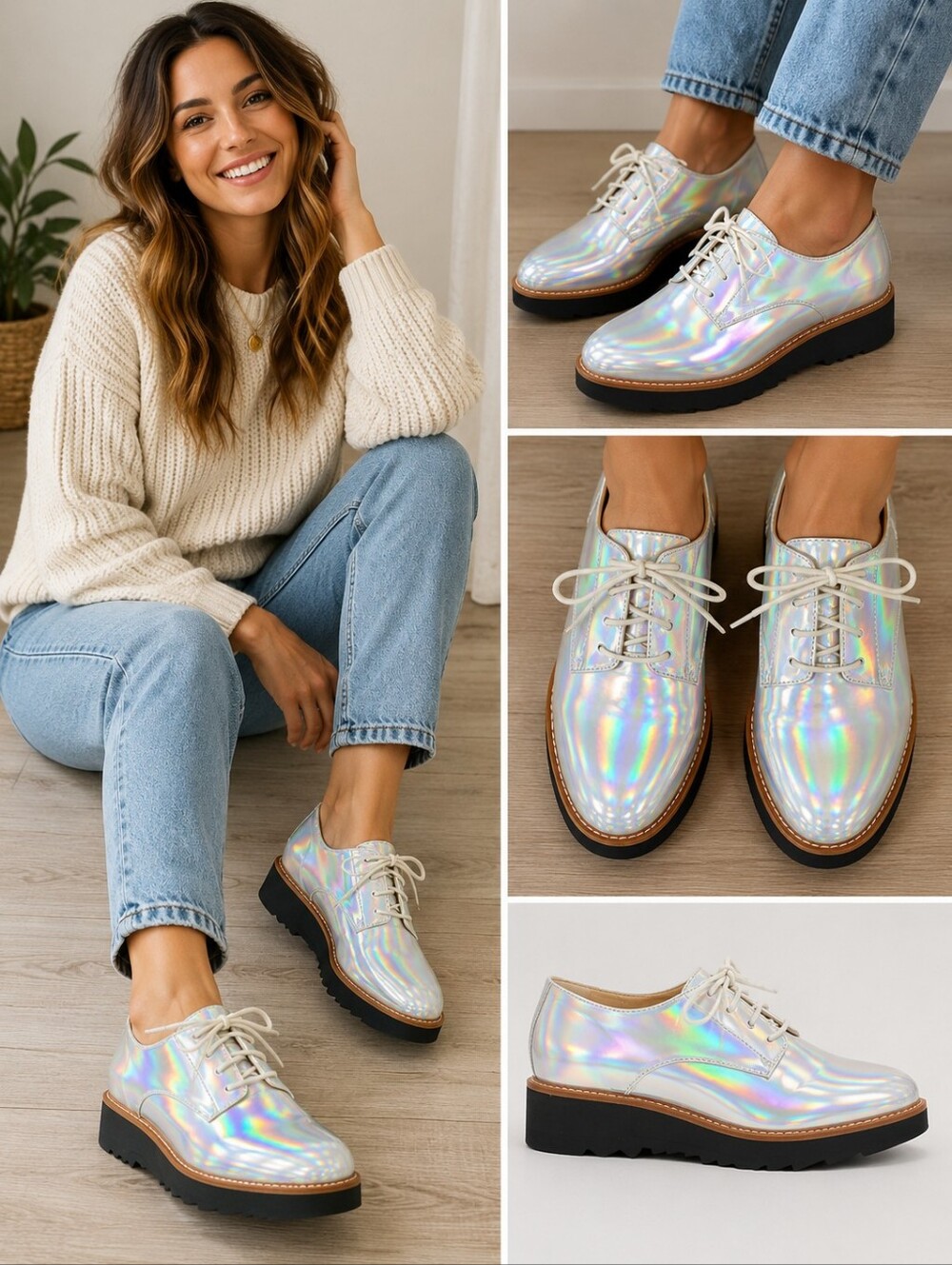 JANE AND THE SHOE Holographic Lace-Up Oxfords - Silver- NWOT